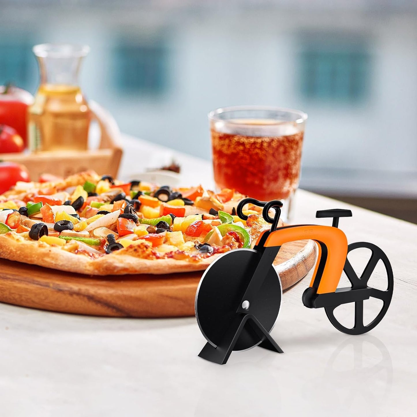 Bicycle Pizza Cutter, Stainless Steel Bicycle Shape Pizza Cutter Blades with Non-Stick Coating Kitchen Tools with Easel, Orange