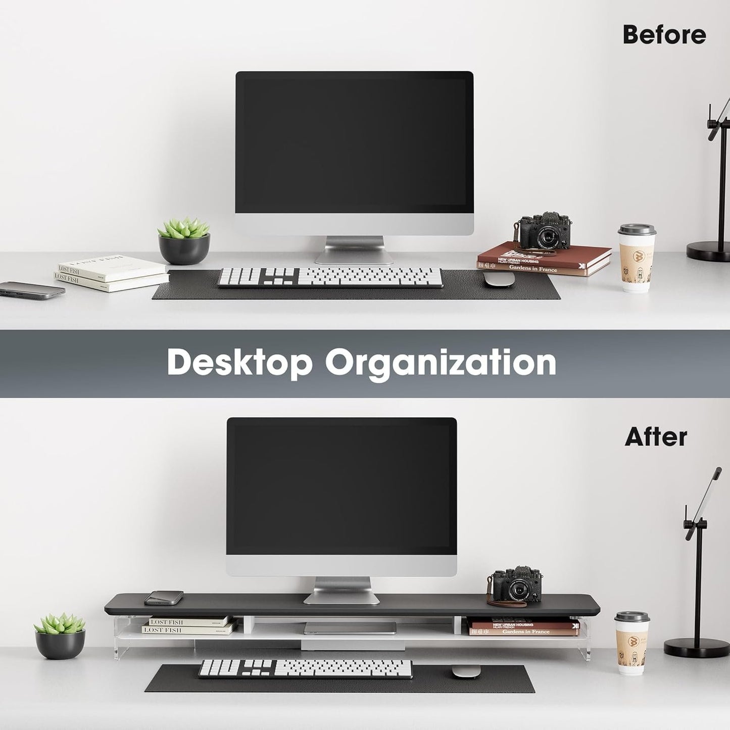 FENGE 2-Tier Acrylic Dual Monitor Stand Riser,42.5 Inch Acrylic Monitor Stand with Storage Organizer for Home, Office and Business ,BLACK