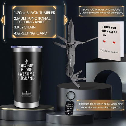 Husband Gift Box - Premium Insulated Tumbler & Multi-Tool Pocket Knife Set with Keychain & Greeting Card - Perfect Valentine's Day, Anniversary, Birthday Gift for Him - Mens Wedding Keepsake Box