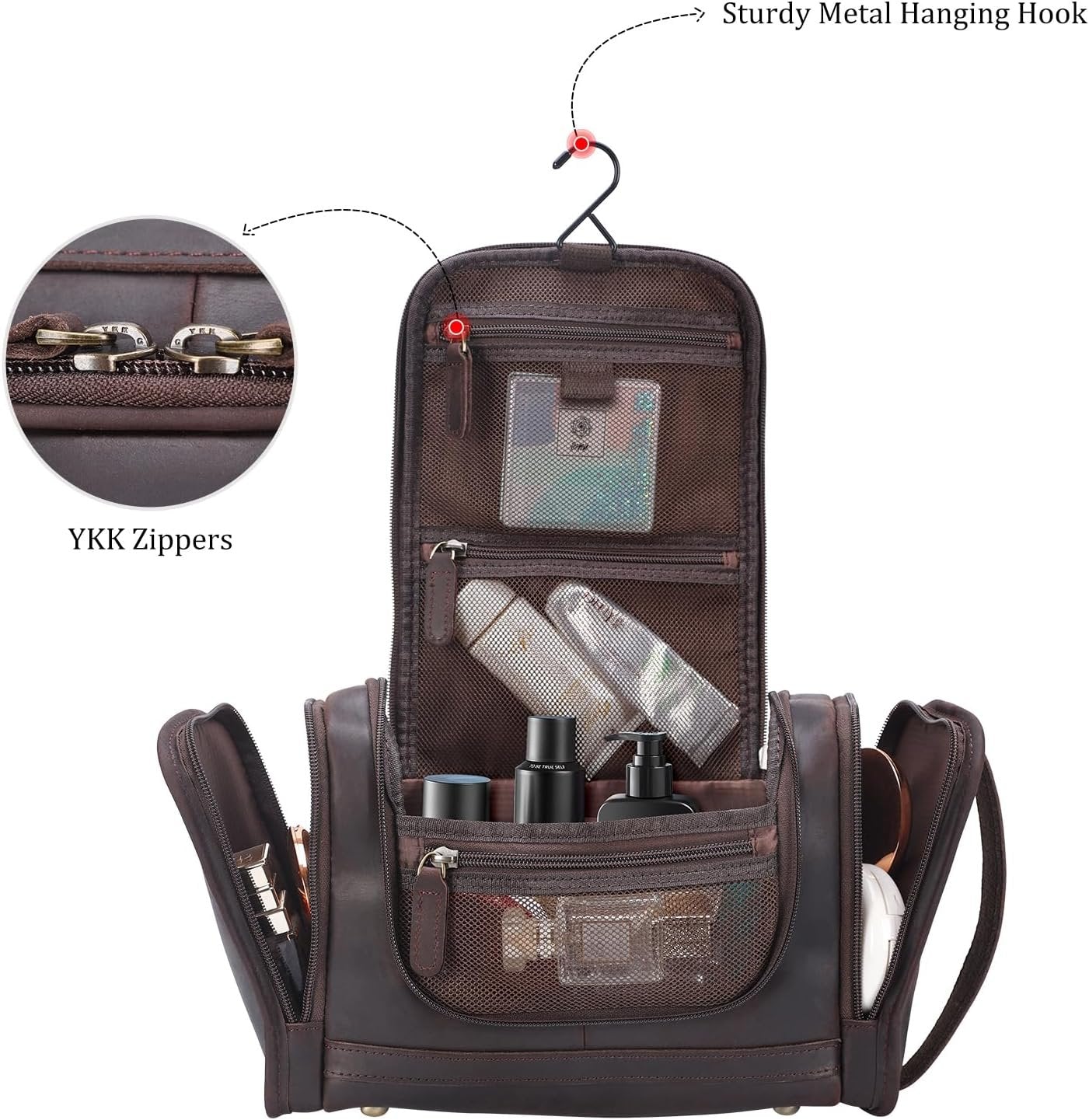 Polare Full Grain Leather Toiletry Bag Travel Dopp Kit Makeup Cosmetic Organizer Shaving Kit Wash Case with Hanging