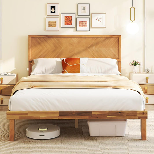 Giantex Wood Full Size Bed Frame with Headboard, Solid Acacia Wood Platform Bed with 12 Strong Wooden Slat Support, Scandinavian Style Art Deco Full Bed Frame, No Box Spring Needed, Rustic Brown