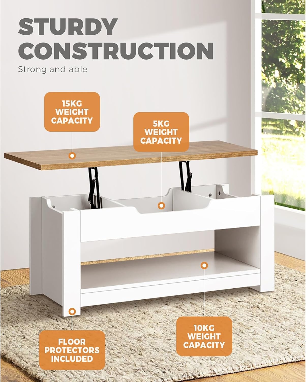 OIKITURE Lift Top Coffee Table with Hidden Compartment & Storage Shelf Space, Rising Tabletop Dining Table for Living Room Reception Room