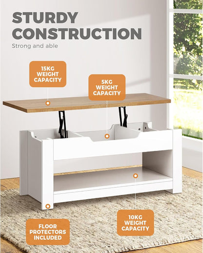OIKITURE Lift Top Coffee Table with Hidden Compartment & Storage Shelf Space, Rising Tabletop Dining Table for Living Room Reception Room