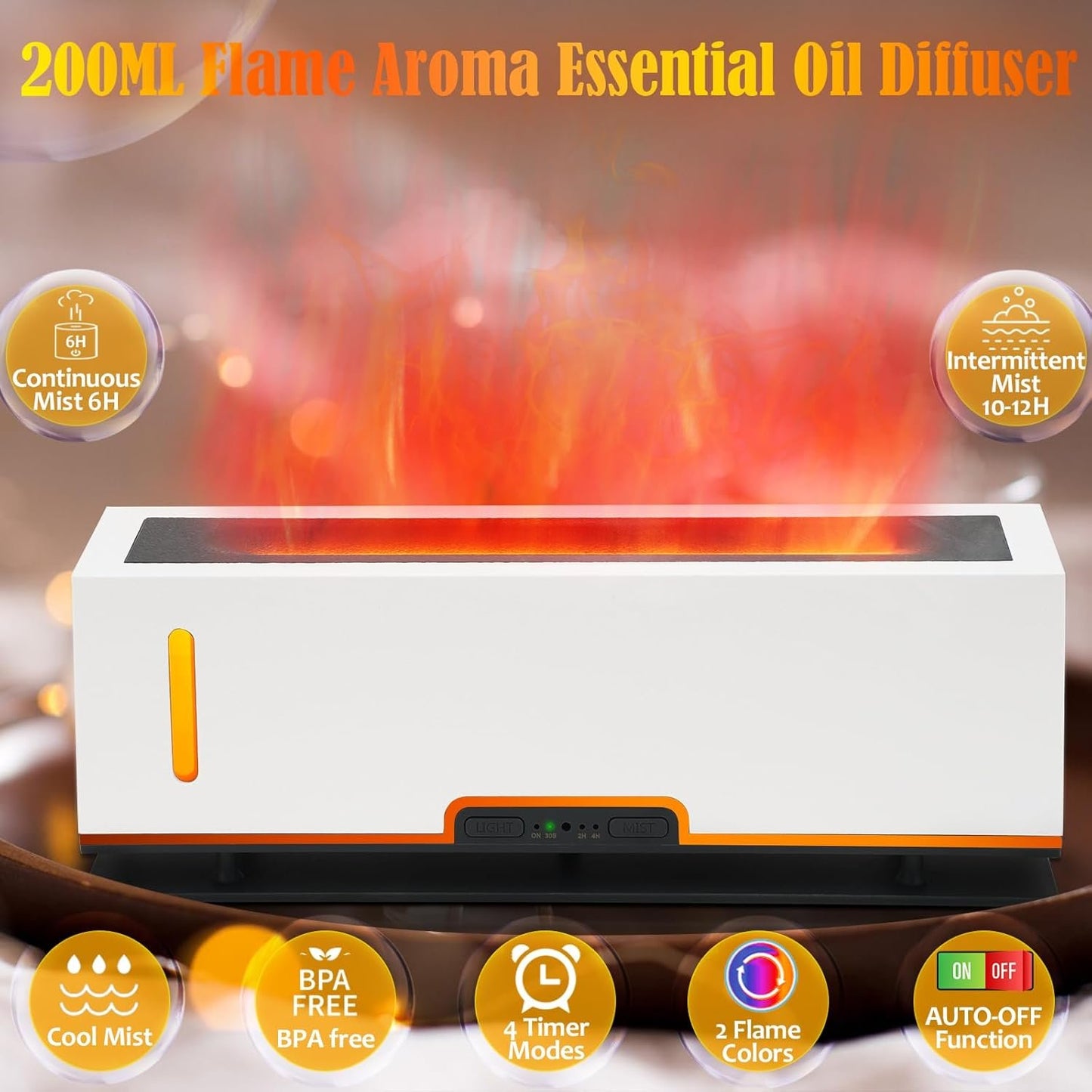 Diffuserlove Flame Diffuser Essential Oil Diffusers 200ml Aroma Diffusers for Bedroom Essential Oils Cool Flame Oil Diffuser (Size:9.8" L x 2.67" W x 3.5" H)