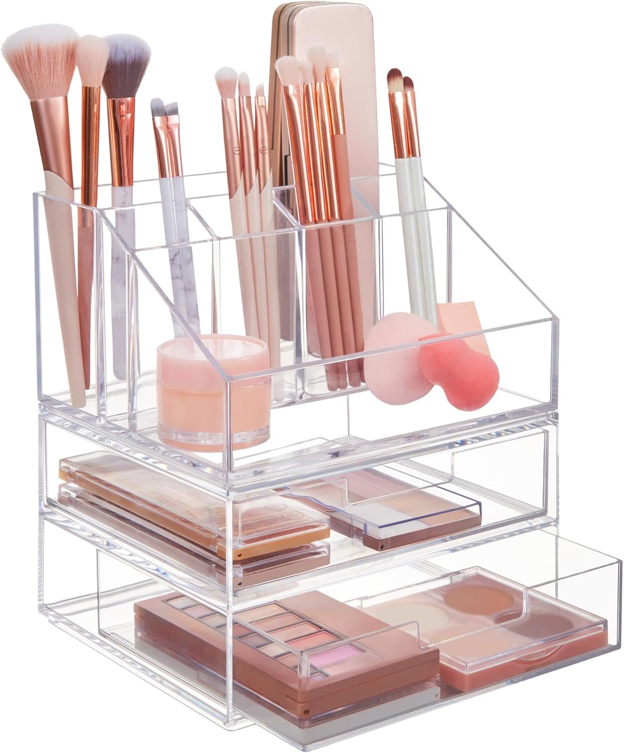 STORi Chloe Stackable Clear Makeup Holder and Double Organizer Drawer Set | Organize Cosmetics and Beauty Supplies | Made in USA