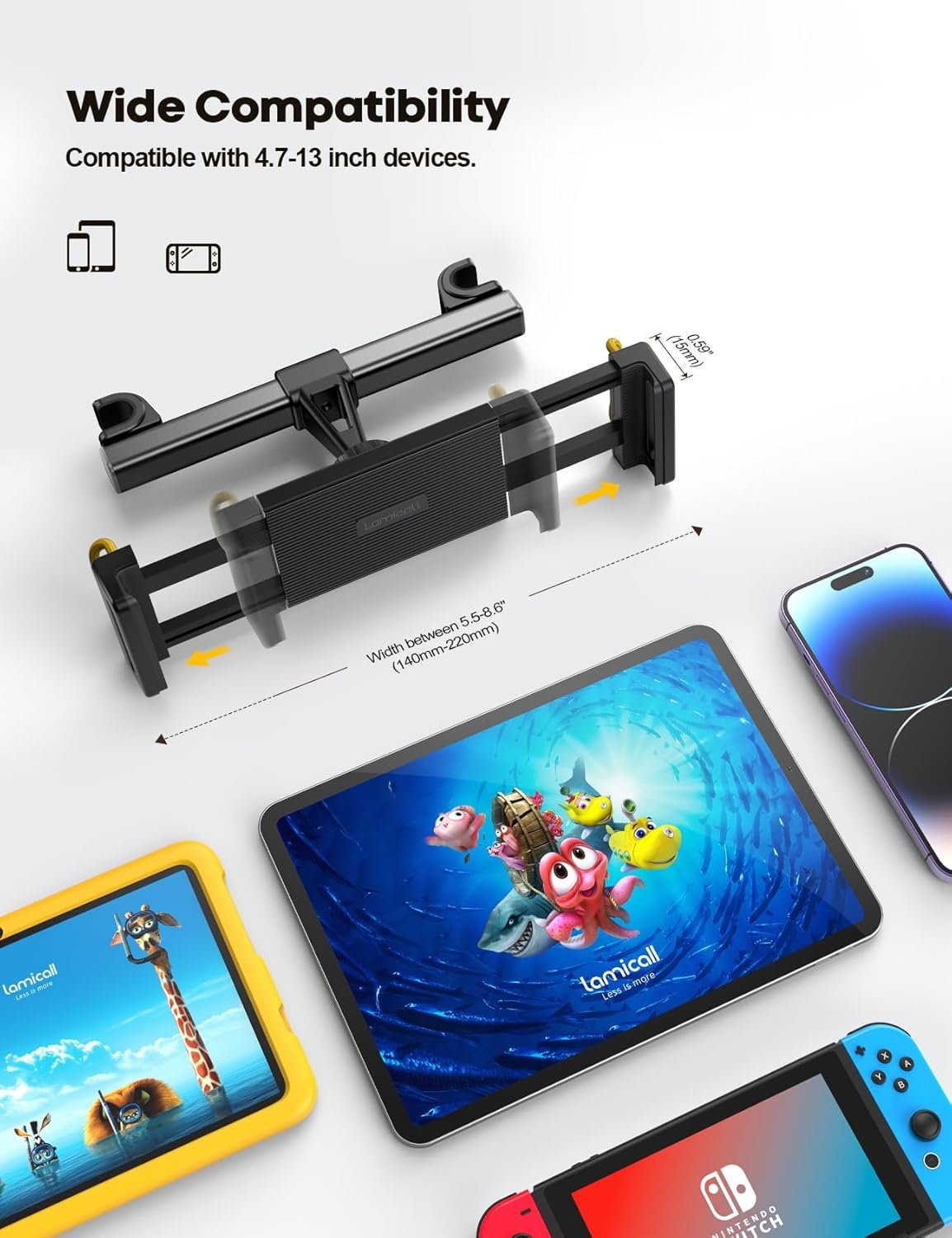 Car Tablet Holder, Headrest Tablet Mount - Lamicall Universal 360 Rotating Car Seat Stand Cradle for All 4.7"-13" Tablet, iPad Pro 10.5, 12.9, iPad Air Mini, Switch, Samsung Tab, Accessories- Black