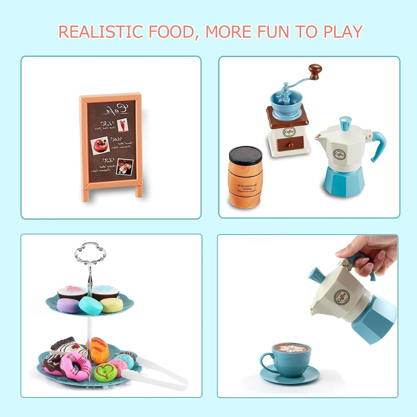 CYZAM Tea Party Set Pretend Play Food Playset Accessories, Coffee Pot Dessert Play Kitchen Set Toy for 3 4 5 6 7 8 Years Old Kids Boys Girls