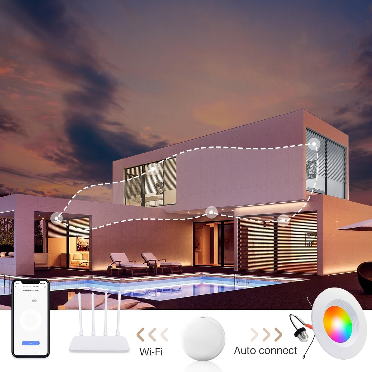 Peteme E26 Retrofit LED Recessed Lighting 6 Inch, IC Rated ETL Certified Smart Can Light Baffle Trim Style, RGBCW Dimmable Color Changing Soffit Downlight Compatible with Alexa/Google, 1100LM, 6 Pack