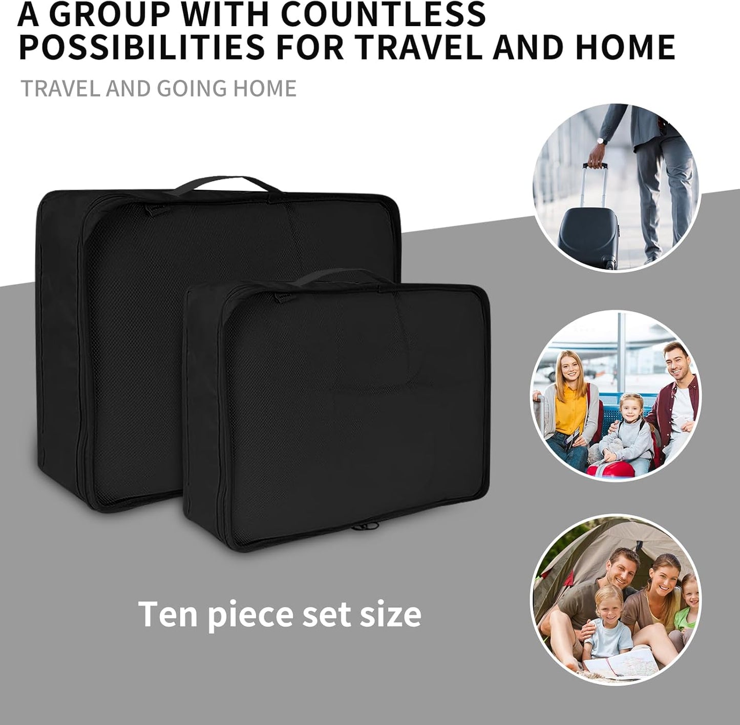 Snarflun 10-Piece Travel Organiser Suitcase, Space-Saving Packing Cubes, Travel Clothes Bags, Underwear Clothing Bags Footwear (Black)