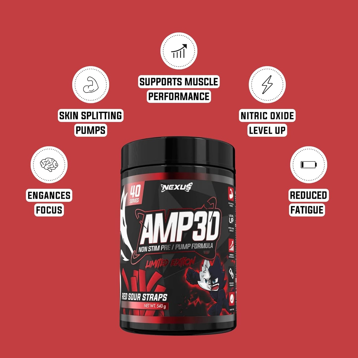 Nexus AMP3D Non-Stim Pre Workout Powder Supplement, 13 Active Ingredients, L-citrulline/Beta Alanine/GlycerSize - 1500mg, Dairy & Gluten-Free, Zero Fat, Low Sugar, 40 Servings (540g), Red Sour Straps