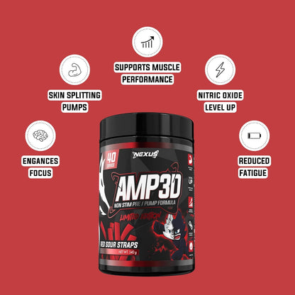 Nexus AMP3D Non-Stim Pre Workout Powder Supplement, 13 Active Ingredients, L-citrulline/Beta Alanine/GlycerSize - 1500mg, Dairy & Gluten-Free, Zero Fat, Low Sugar, 40 Servings (540g), Red Sour Straps