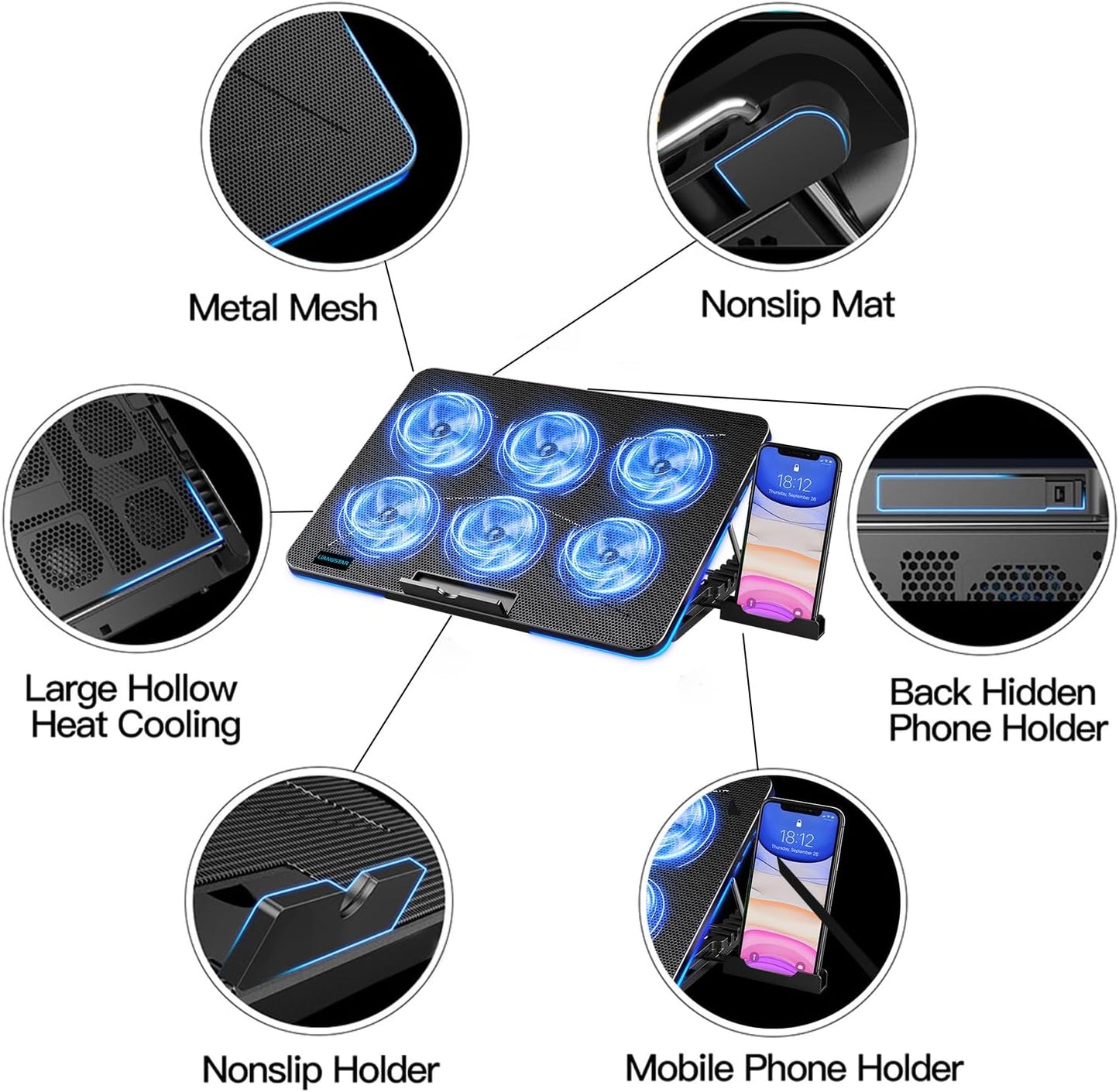 LIANGSTAR Laptop Cooling Pad, Laptop Cooler with 6 Quiet Fans for 12-17 Inch Notebook Gaming Fan Stable Stand, 7 Height & Wind Speed Adjustable, Blue LED Light can Turned Off，2 USB Port & Phone Holder