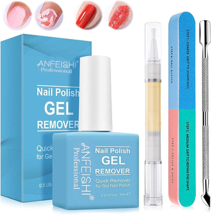 Semi-Permanent Nail Polish Remover 15 ml, Semi-Permanent Nail Remover with 2 ml Nail Care Pen, Cuticle Pusher and File, Nail Polish Remover in Gel, Quickly Polish in 3-5 Minutes