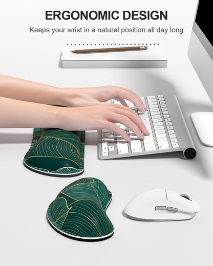 Auhoahsil Large Mouse Pad with Wrist Support Set of 3, Memory Foam Keyboard Rest + XXL Extended Gaming Pad, Ergonomic Desk for Women Men, Teal Beach Palm Tree Leaves, XX-Large