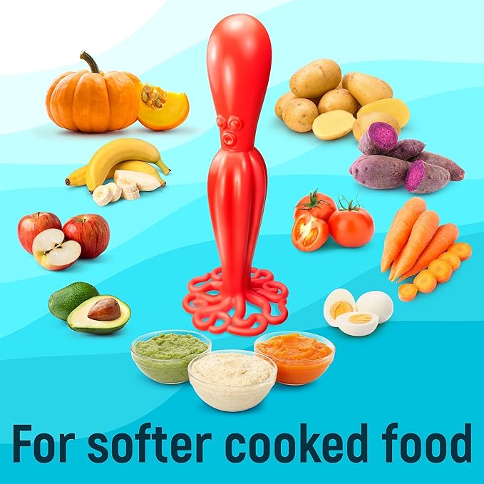 HOOBBE Red Kraken Octopus Themed Plastic Potato Masher For Making Mashed Potatoes, Avocado, Bean, Plantain, Baby Food, Soft Cooked Food and Fruit, Smasher Kitchen Tool to Mash, Fun Holiday Gift