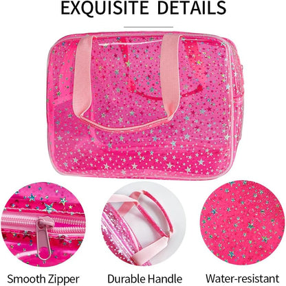 TotePrint Clear Star Large Toiletry Bag and Travel Case with Handle Durable Material Zipper Design Ideal for Makeup Travel Essentials, pink, Bag with printed star handle