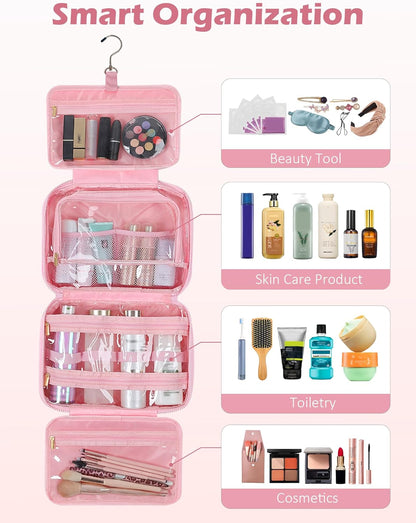 Travel Toiletry Bag for Women, Wide-Open Makeup Pouch,Hanging Toiletry Bag with Hook,Travel Storage Organizer for Skin Care Cosmetics Toiletries Full Sized Container (Black)