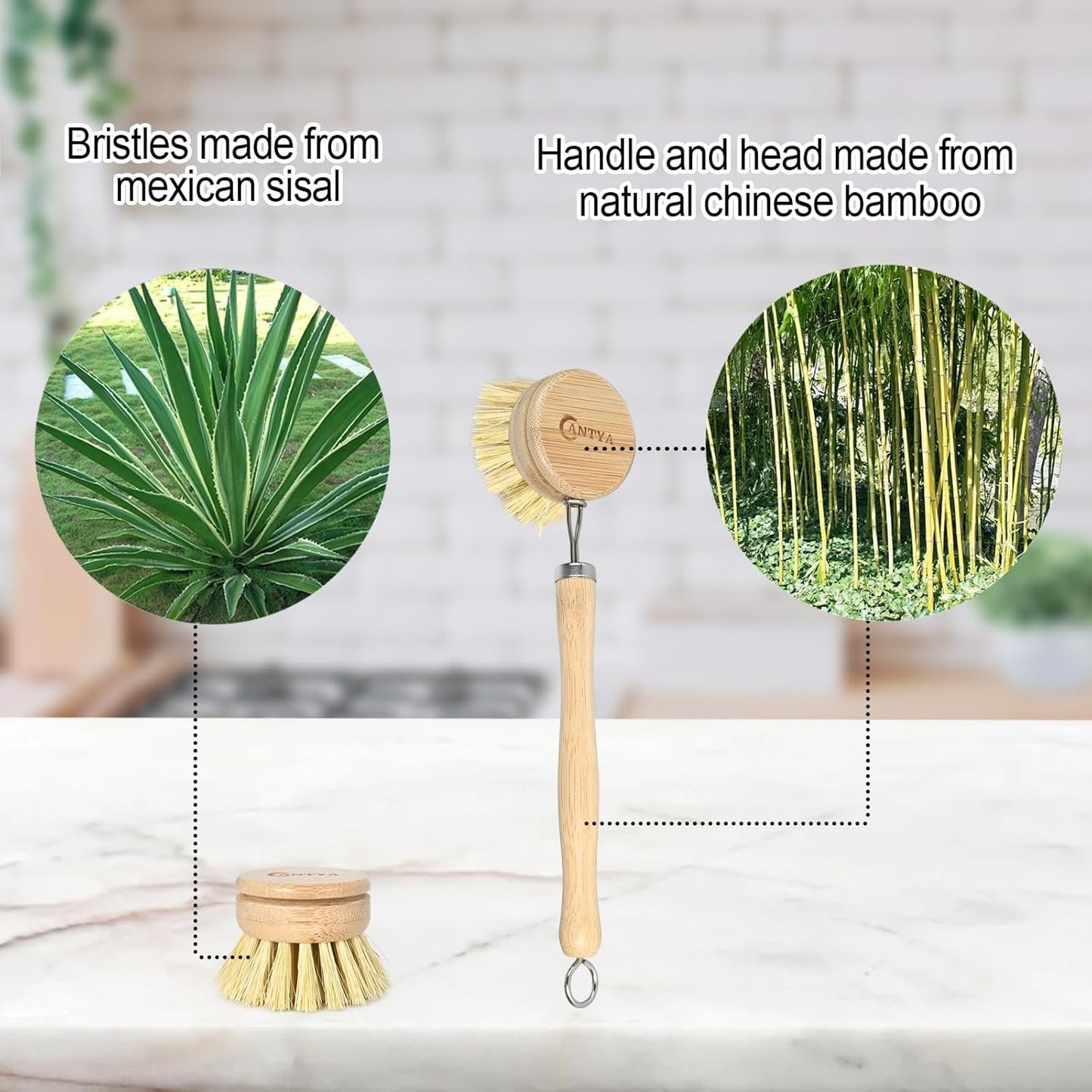Bamboo Dish Brush with Handle 4 Replacement Heads - Soft Bristles Brosse Vaisselle, Natural Dish Scrubber, Compostable & Sustainable, Vegetable Brush for Cleaning Kitchen Utensils