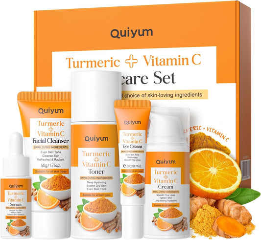QUIYUM Turmeric Vitamin C Face Care Set, 5 Pieces Skin Care Gift Set for Women Skin Care Complete Face Skincare Kit with Cleanser Tonic Eye Cream Serum Cream