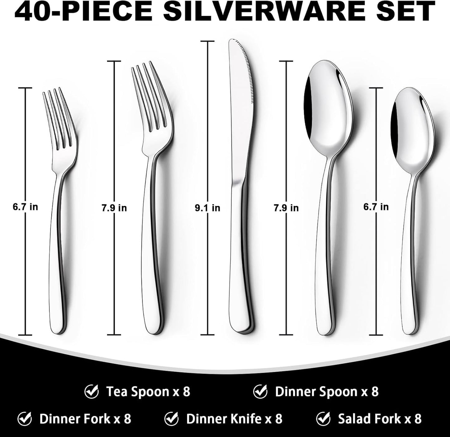40-Piece Silverware Set, Heavy Duty Stainless Steel Flatware Set for 8, Food-Grade Tableware Cutlery Set, Utensil Sets for Home Restaurant, Mirror Finish, Dishwasher Safe