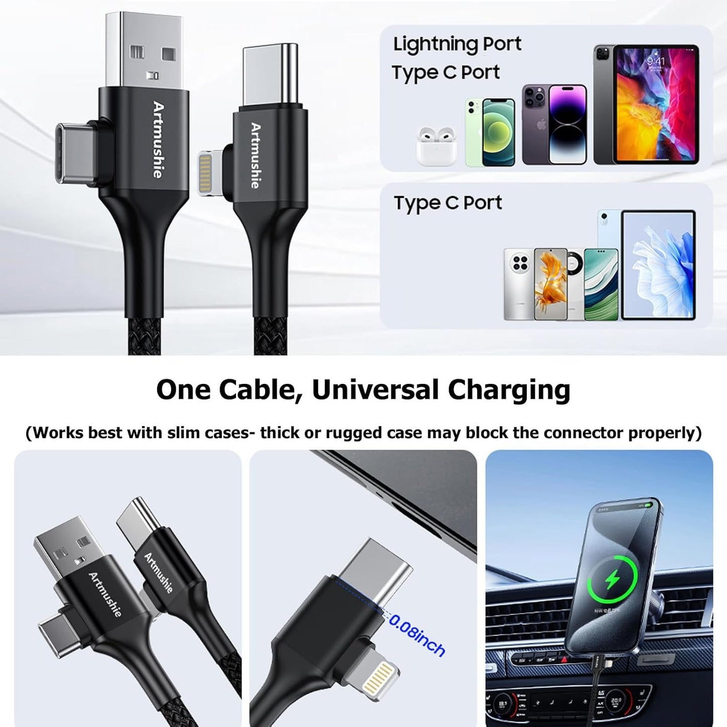Artmushie Multi 4-in-1 Universal Fast Charging Cableâ€“USB A/C to Multi Connectors (Type C, Lighting), Compatible with iPhone, iPad, Smartphones, Tablets & More Devices (2Pack, Black, 5.5Ft)