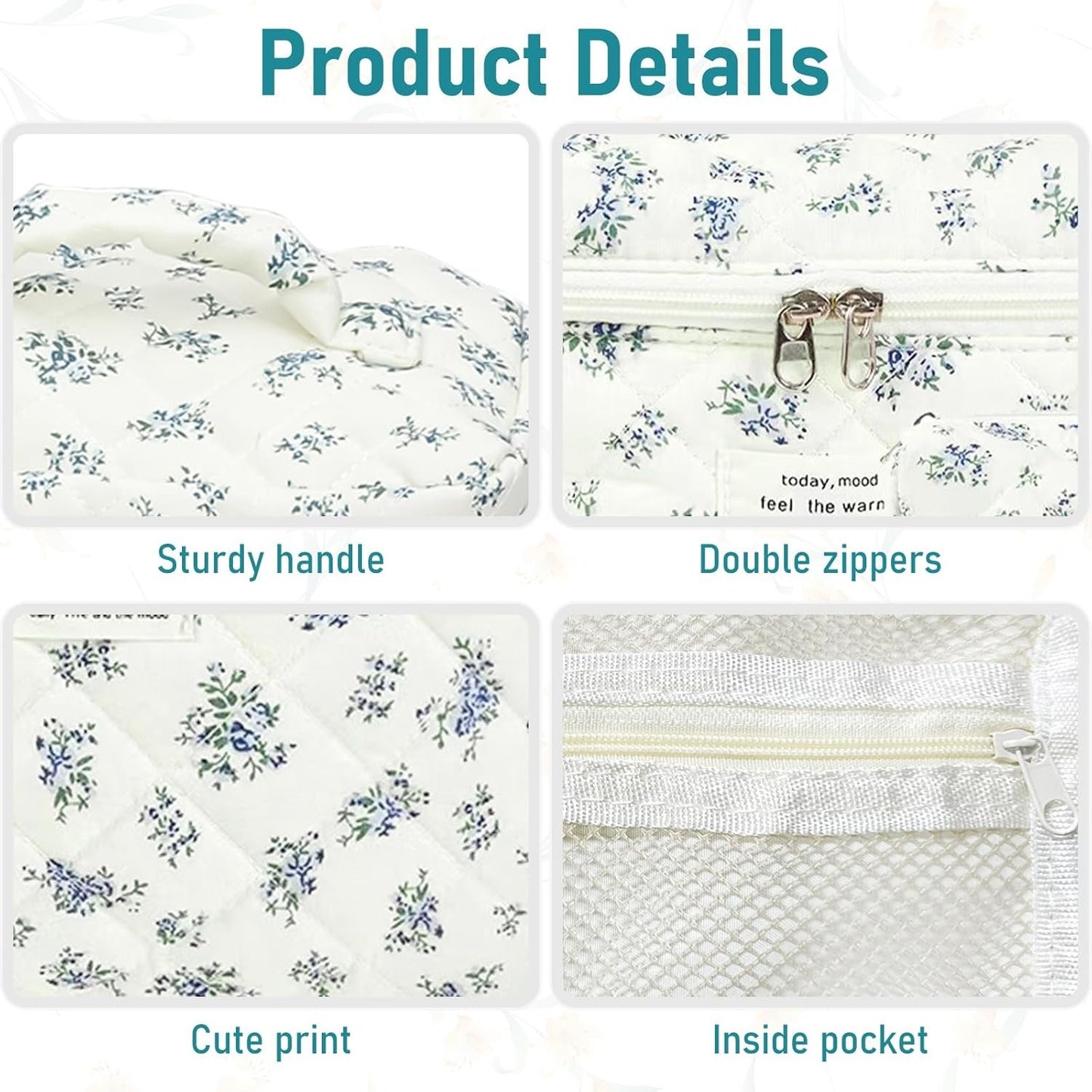 Large Makeup Bag Floral Cosmetic Bag Quilted Flower Travel Makeup Toiletry Bags Set Organizer Cotton Cute Make Up Accessories Zipper Bags Pouch Travel Essentials Gifts for Women Teen Girls Blue