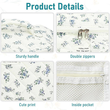 Large Makeup Bag Floral Cosmetic Bag Quilted Flower Travel Makeup Toiletry Bags Set Organizer Cotton Cute Make Up Accessories Zipper Bags Pouch Travel Essentials Gifts for Women Teen Girls Blue