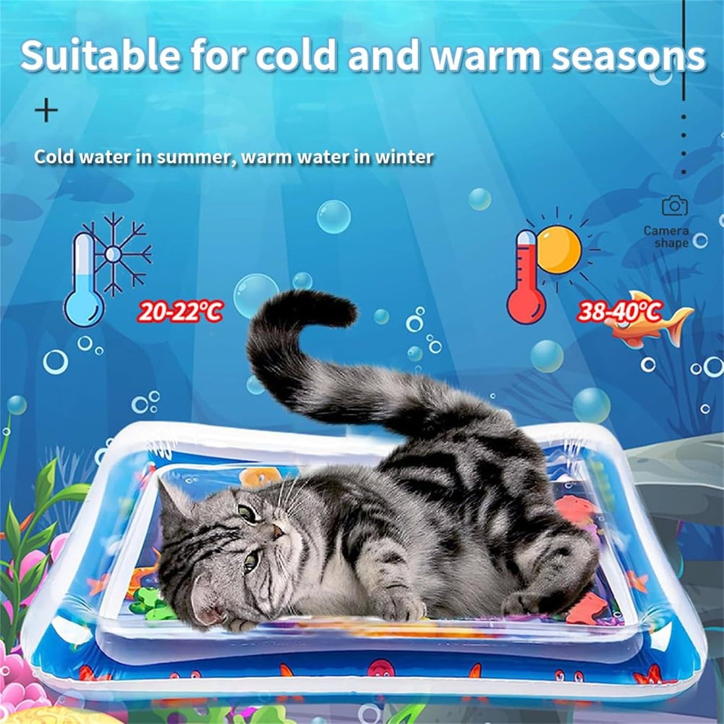Generico Ocean Breeze Splashland Cat Toy, Ocean Breeze Splashland, Cat Water Mat with Fish, Water Sensory Play Mat for Cats, Cats Mats Toy Interactive for Indoor (D-60cm/25.6in)
