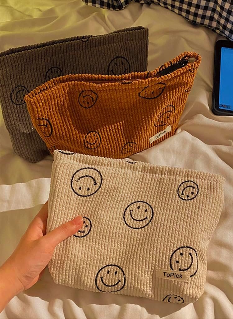 Corduroy Makeup Bag, Cosmetic Bag with Zipper Closure, Make Up Bag Handbags Purses Pouch Travel for Women, Smile Dots Organizer Storage Bag Girls Pencil Case, Clean Girl Aesthetic Must Haves