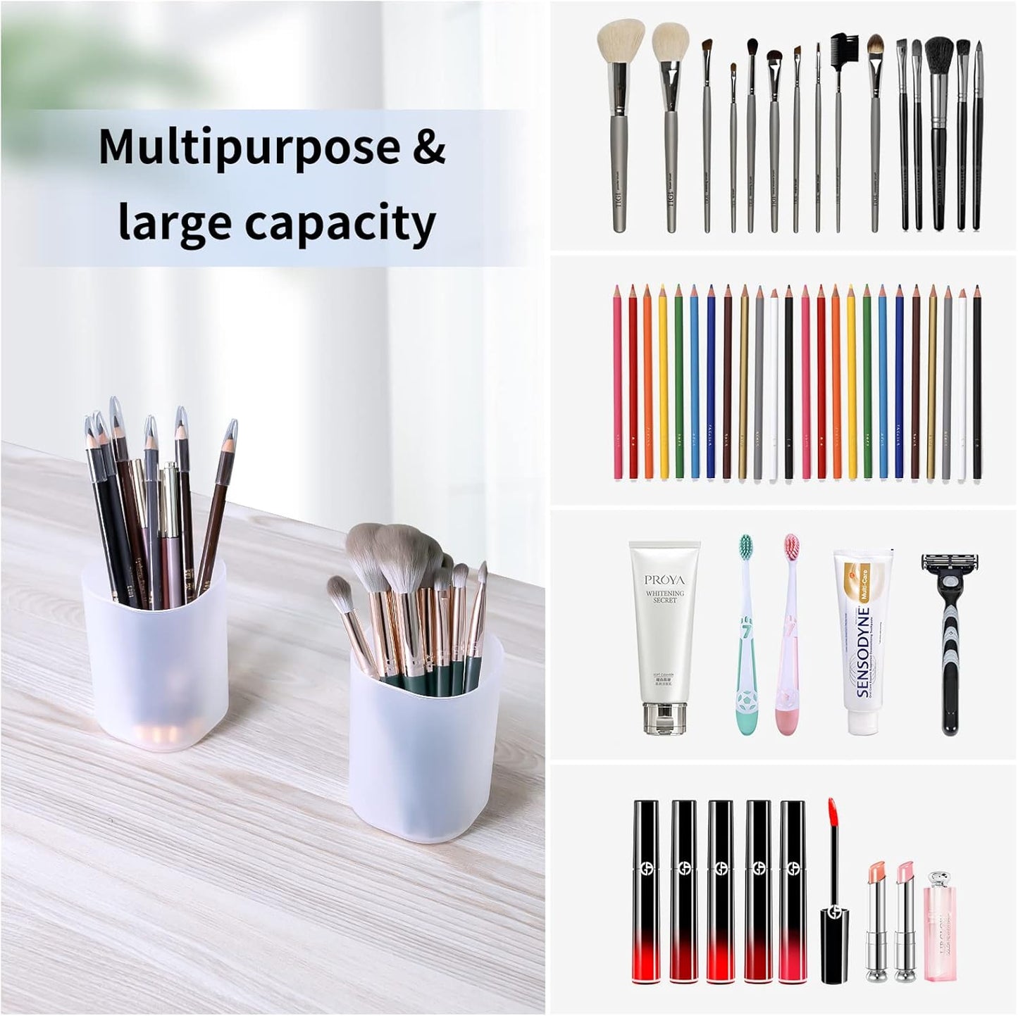 2 pcs Makeup Brush Holder,Multipurpose Makeup Brush Case Organizer, Clear Pen Cups Plastic Pencil Holder for Desk Accessories,Cosmetics Brushes Organizer for Home & School & Office