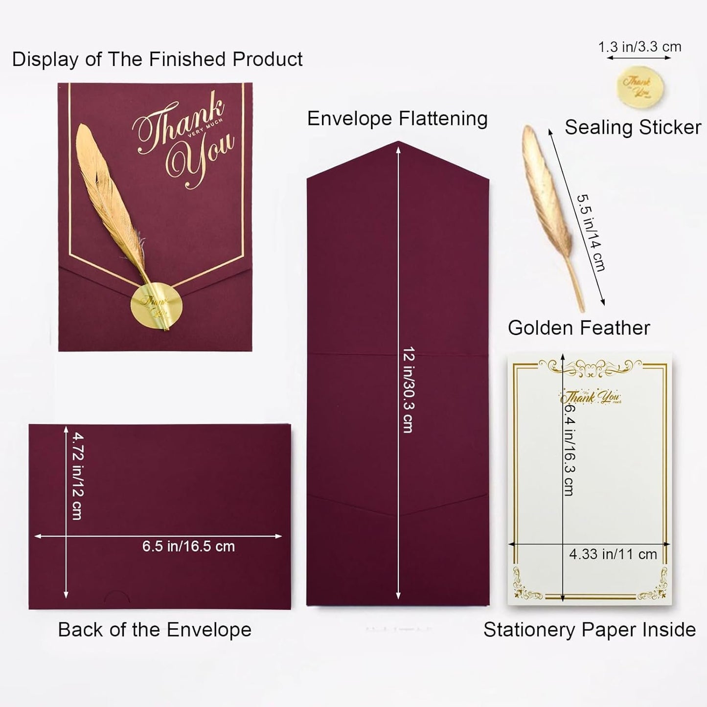 VANRA 10 Sets Stationery Paper with Envelopes Set Letter Writing Paper Envelopes with Feather for Thank You Letter, Invitations, Graduation (10 Writing Stationery Paper + 10 Wine Envelopes)