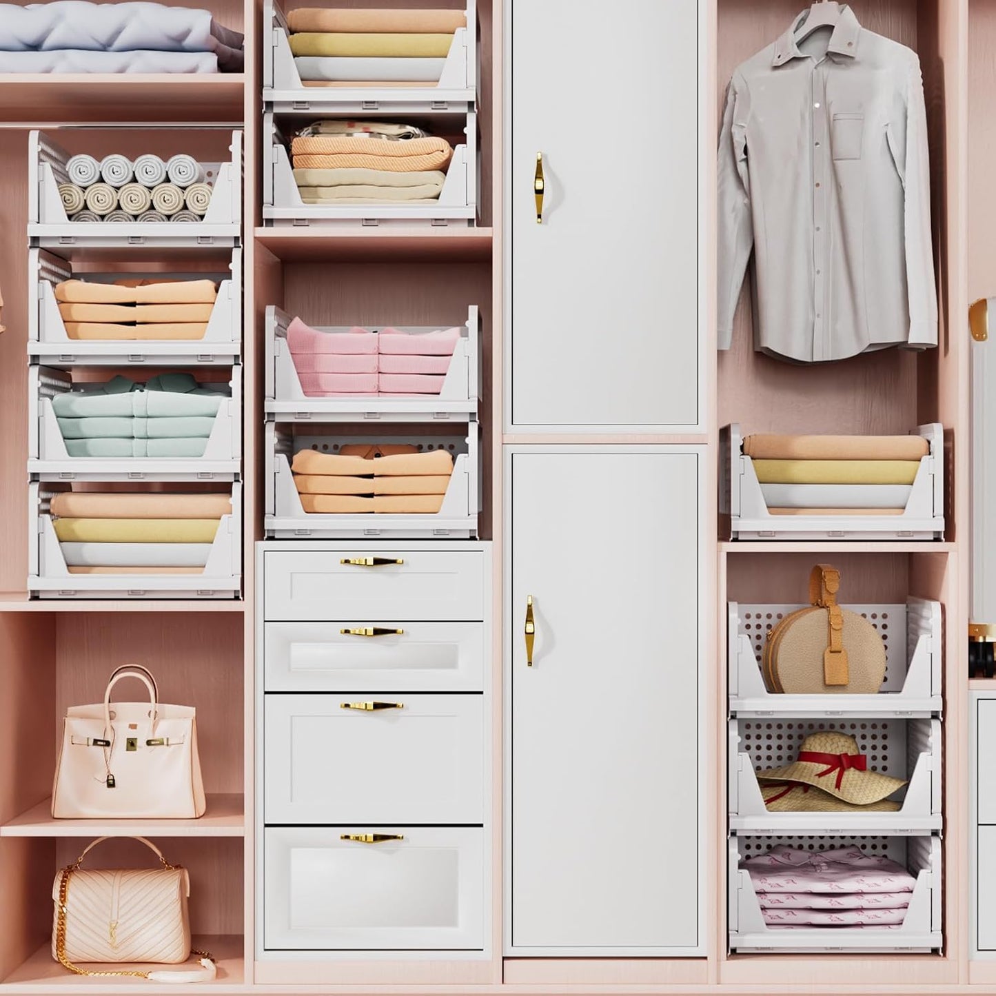TidyIsles Wardrobe Storage Organiser - 4 Pack Folding Closet Organisers, Stackable Storage Boxes, Plastic Drawer Organiser Basket for Bedroom Kitchen Bathroom White
