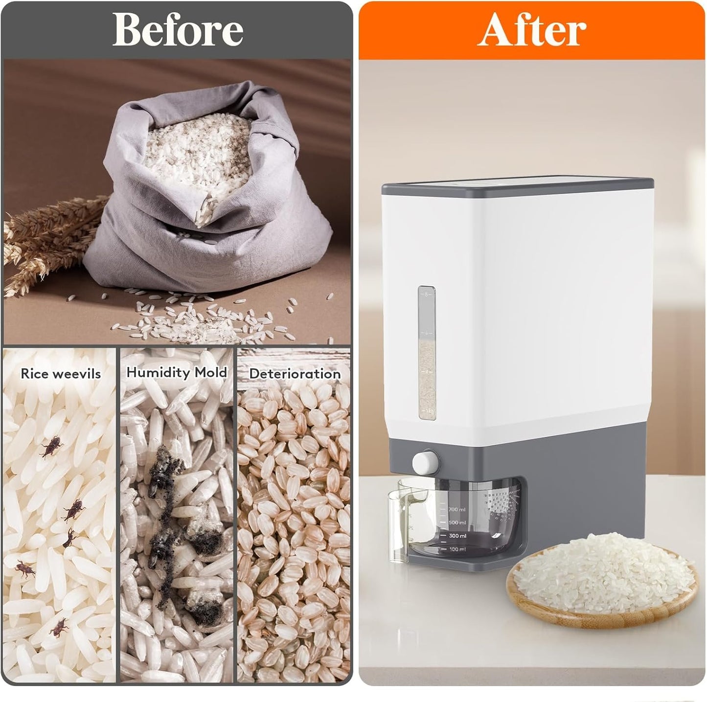 Lifewit Rice Dispenser 25 Lbs(11.3kg), Rice Storage Container Sealed Moisture Proof with Measuring Cup for Kitchen Pantry Household, BPA-Free