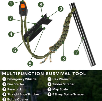 4 Pack Ferro Rod Fire Starter Flint Fire Starter Survival Tool Flint and Steel Fire Starter Kit 6-in-1, Portable Ferro Rod Striker with Paracord Handlead for Campfires Survival Emergency Kit