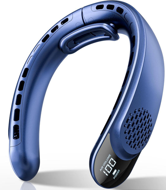 Neck Fan Rechargeable 4000mAh with 4 Turbos & LED Display, Portable Personal Cooler for Women Men, 3-Speed Bladeless 360° Cooling Fans, Stylish Gift for Gym/Travel/Office, Deep Blue