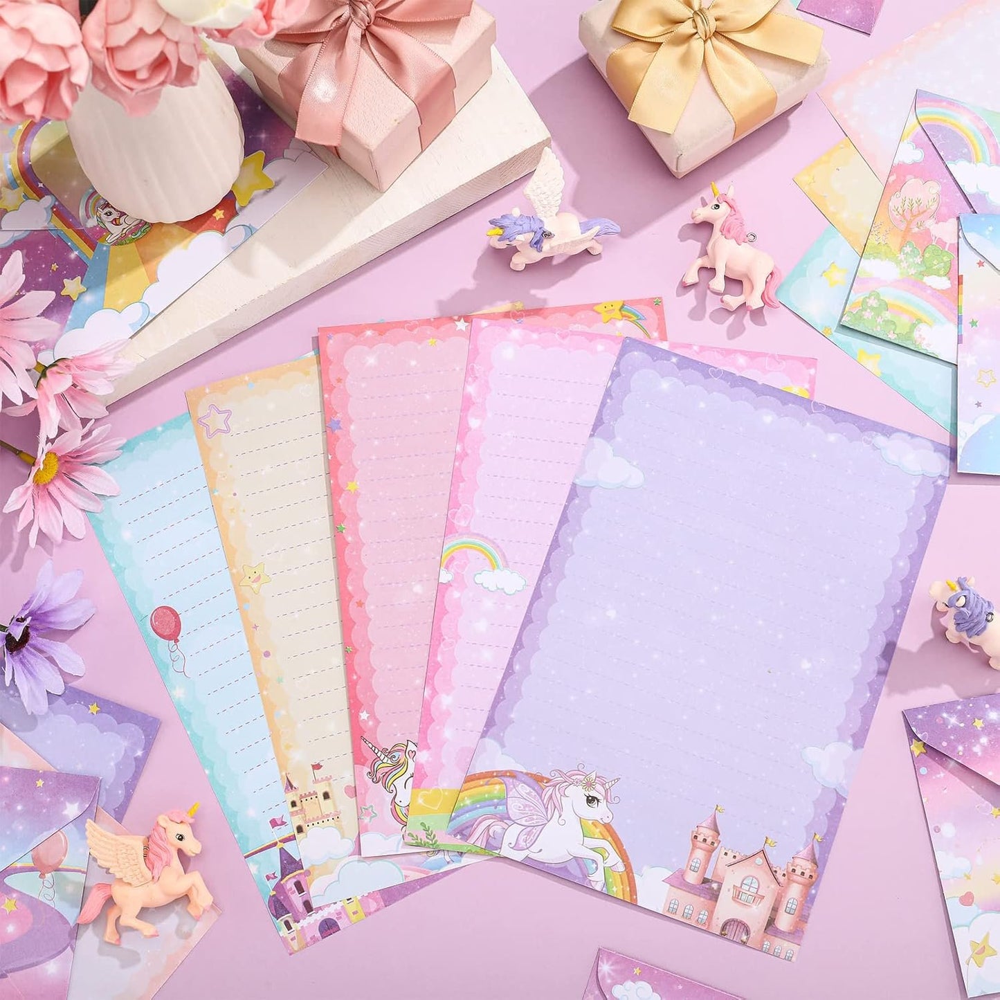 TaoBary 160 Packs Mini Rainbow Unicorn Stationery Paper Set 50 Double Sided Stationery Writing Papers Matching Envelopes and 60 Unicorn Round Dot Stickers, 5.5 x 8.25 Inch, 10 Designs