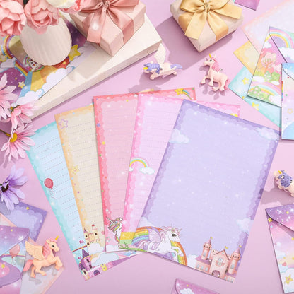 TaoBary 160 Packs Mini Rainbow Unicorn Stationery Paper Set 50 Double Sided Stationery Writing Papers Matching Envelopes and 60 Unicorn Round Dot Stickers, 5.5 x 8.25 Inch, 10 Designs