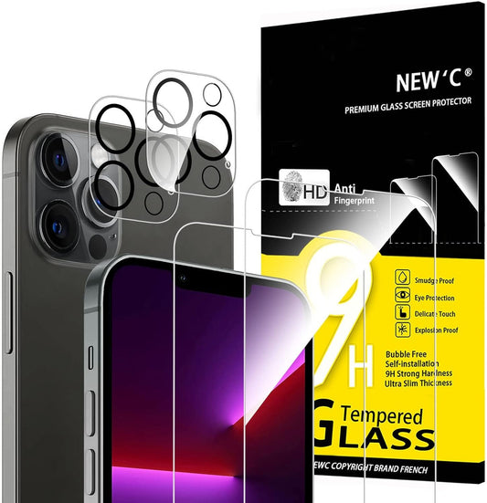 NEW'C 4 Pack, 2 x Glass Screen Protector for iPhone 13 Pro and 2 x Camera lens Protector, Scratch-Resistant, No Air Bubbles, Extremely Durable, 9H Hardness Tempered Glass