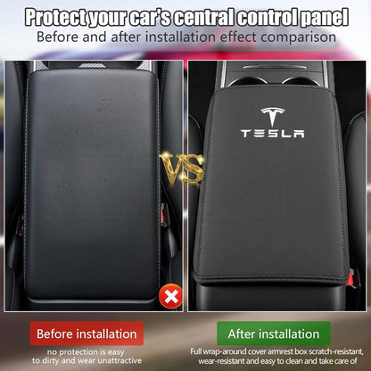 Armrest Cover for Tesla Model 3 Highland Model Y 2024-2017, PU Leather Center Console Arm Rest Anti-Scratch Protector Pad, Non-Slip Interior Accessories for Tesla Model 3 2024 (Black)