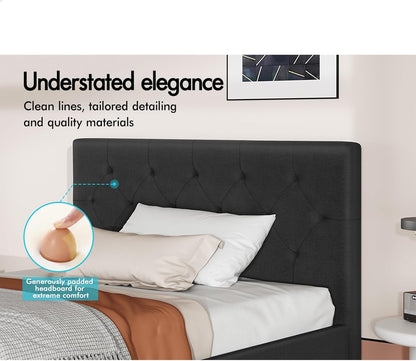 ALFORDSON Bed Frame Base Single Size, Bed Platform Foundation with Linen Fabric Upholstered Tufted Headboard for Mattress Topper, Madelyn Fabric Charcoal
