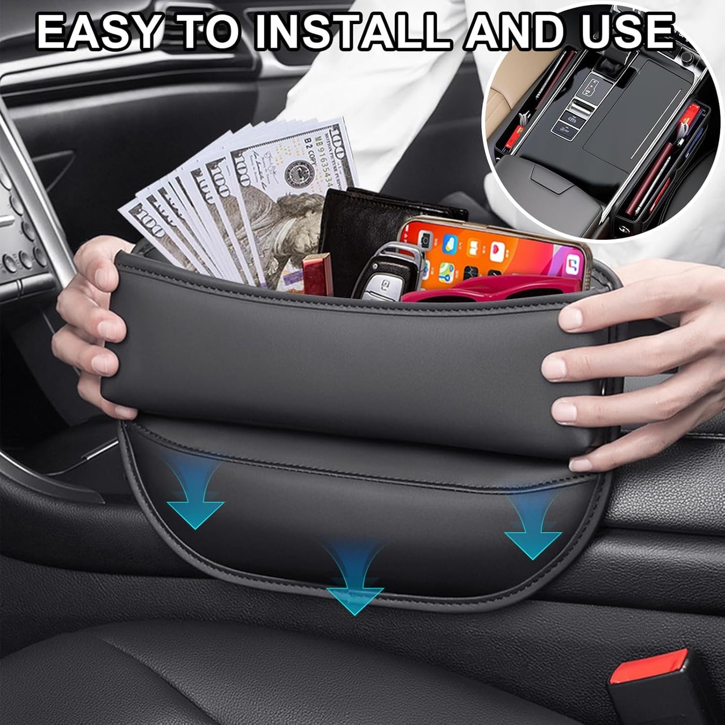 2 Pack Car Seat Gap Organizer, Leather Car Front Seat Gap Filler Car Seat Storage Bag for Phone/Keys/Cards, Car Center Console Side Pockets Gap Stop Things Pads, Car Interior Accessories for Sedan SUV