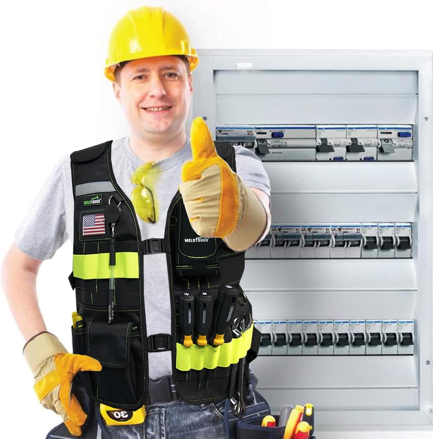 MELOTOUGH Tool Vest Safety Work Vest with Adjustable Straps,Removable Phone Holder for Electrician,Construction,Carpenters