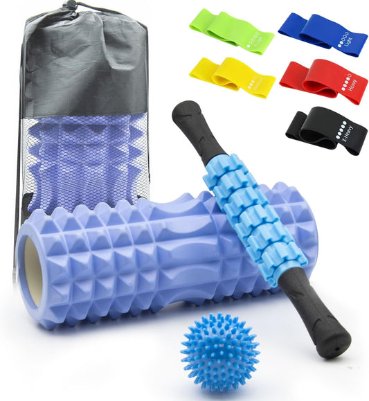 TINY SPARK 9 IN 1 Foam Roller, Yoga Rollers for Muscle Massage, Foam Roller with Muscle Roller Stick, Massage Roller, Spike Massage Ball, 4pcs Resistance Loop Bands All in Carrying Bag (33cm, Blue)