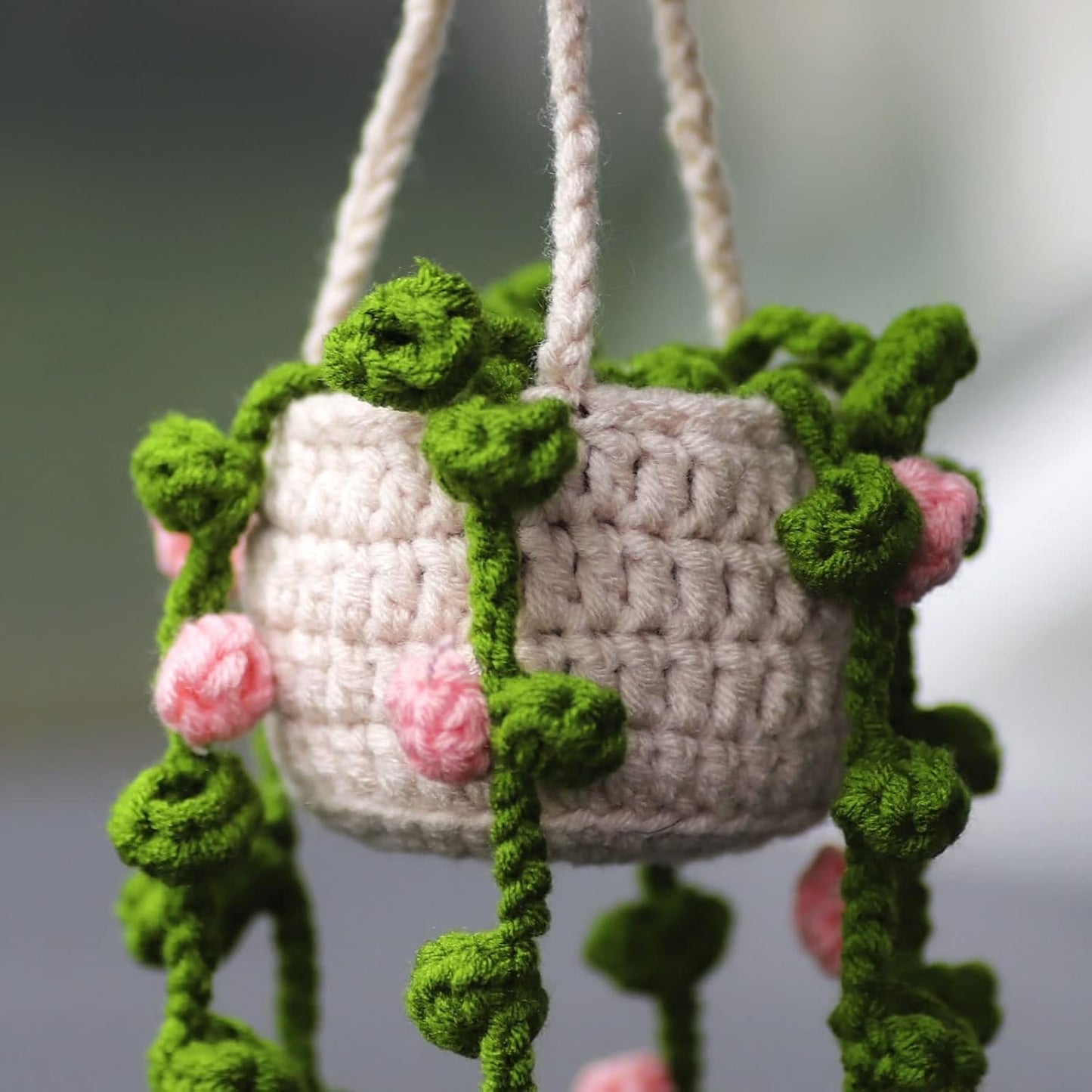 Minasona Cute Potted Plants Crochet Car Mirror Hanging Accessories for Women Men - Handmade Knitted Rear View Mirror Interior Aesthetic (Pink Flowers)