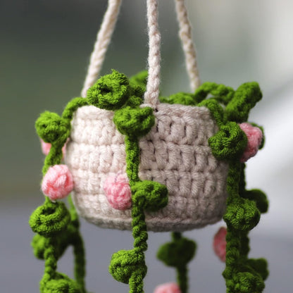 Minasona Cute Potted Plants Crochet Car Mirror Hanging Accessories for Women Men - Handmade Knitted Rear View Mirror Interior Aesthetic (Pink Flowers)