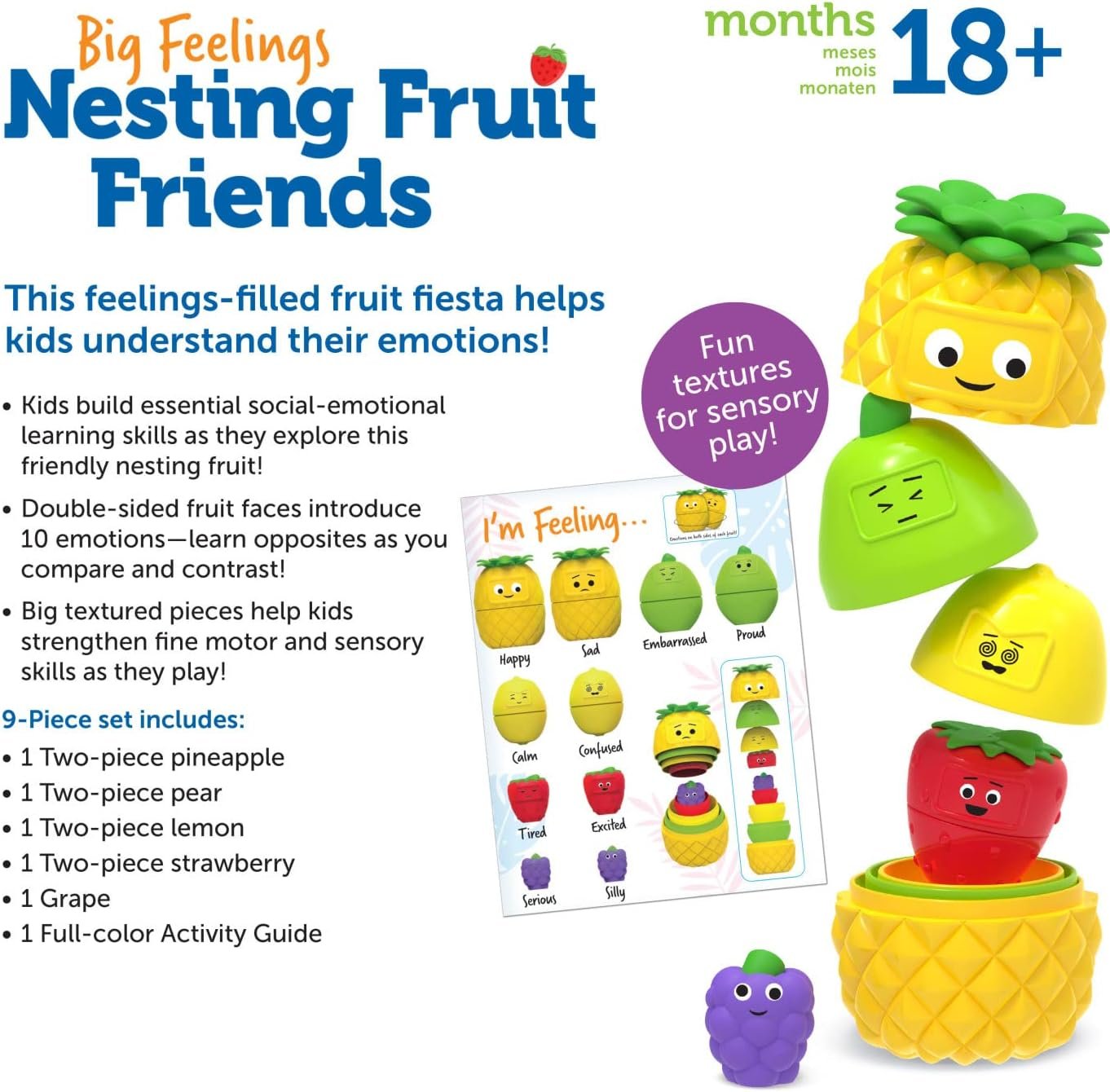 Learning Resources Big Feelings Nesting Fruit Friends, 9 Pieces, Ages 18+ Months, Social Emotional Toys for Toddlers, Sensory Toys, Speech Therapy Materials, fine Motor Skills Toys, Pineapple Toys