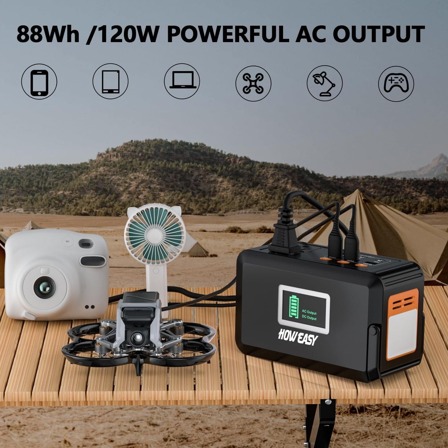HOWEASY 120W Portable Power Bank, 88WH/24000mAh Portable Laptop Charger Battery Backup with 2 110V/120W AC Socket/ 2 DC Ports/3 USB QC3.0/LED Light for CPAP Outdoor Camping Trip Hunting Emergency