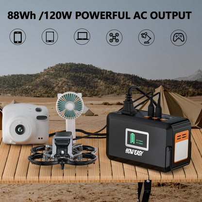 HOWEASY 120W Portable Power Bank, 88WH/24000mAh Portable Laptop Charger Battery Backup with 2 110V/120W AC Socket/ 2 DC Ports/3 USB QC3.0/LED Light for CPAP Outdoor Camping Trip Hunting Emergency