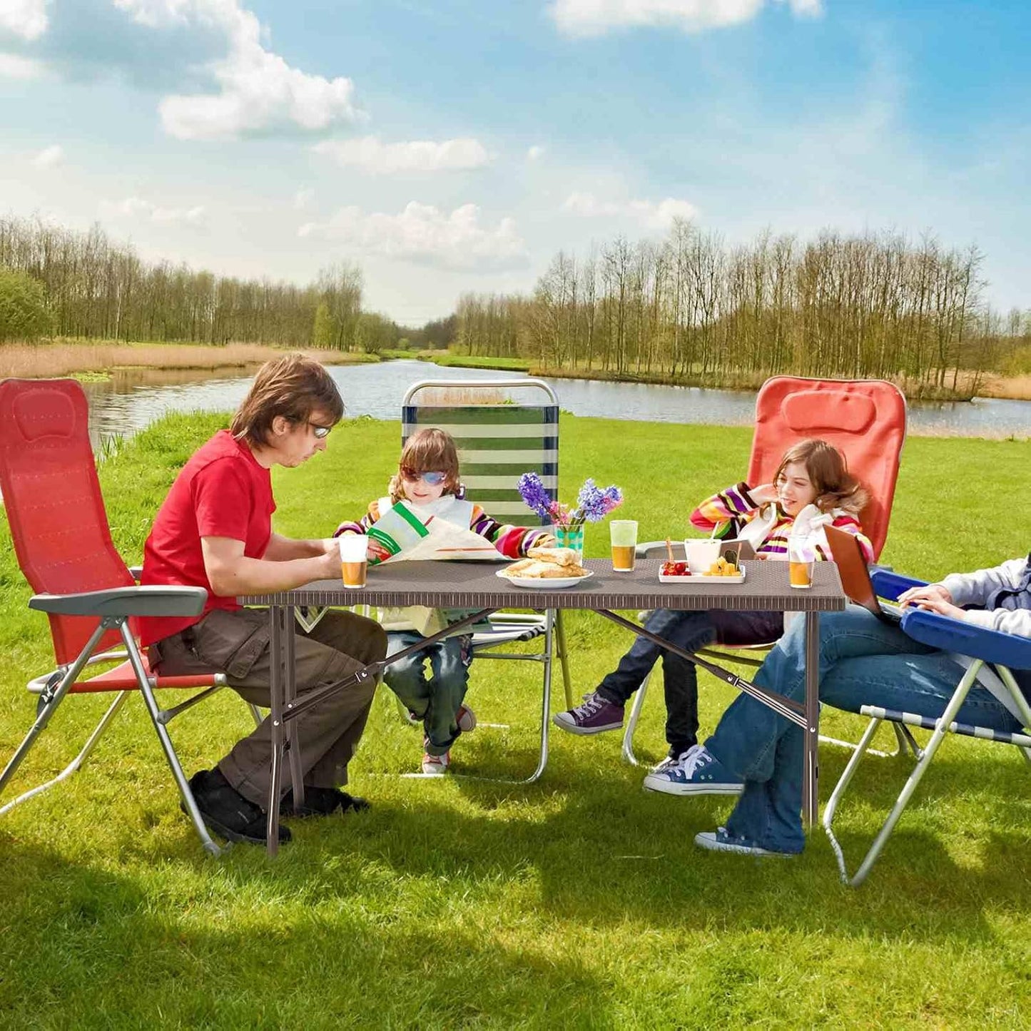 Costway 1.5m Folding Picnic Table, Outdoor Dining Table w/Rattan Grain HDPE Tabletop, Sturdy Metal Fame, Non-Slip Foot Pads, 4-6 Person Camping Table for Patio Garden Deck Yard