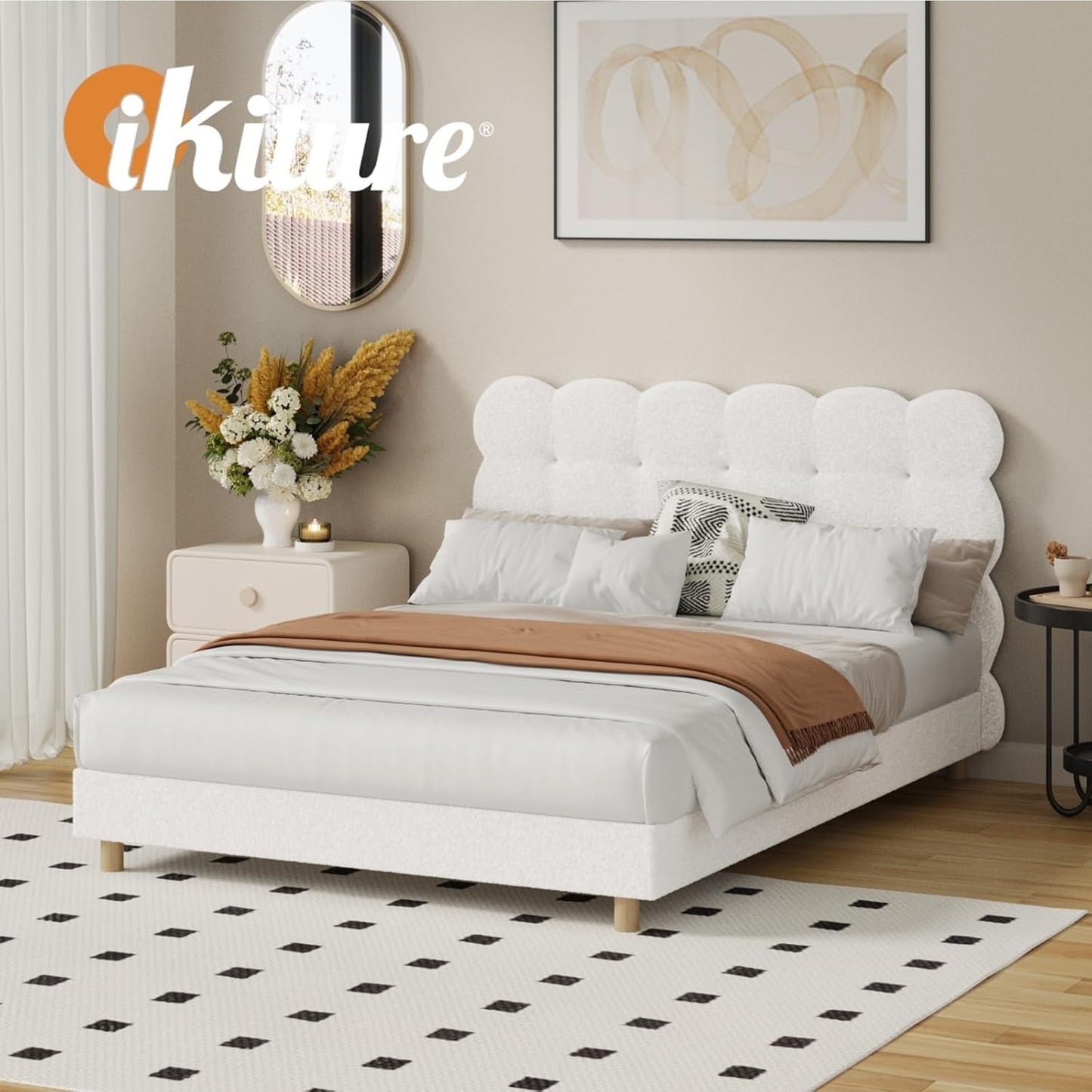 Oikiture Double Bed Frame Boucle Mattress Platform Bed Base White